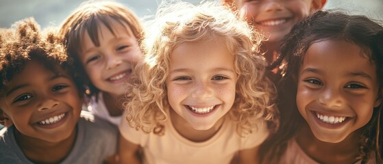 Fototapeta premium Children smiling and posing together outdoors, showcasing friendship, joy, playfulness, and diversity in a sunny environment, perfect for family and community themes.
