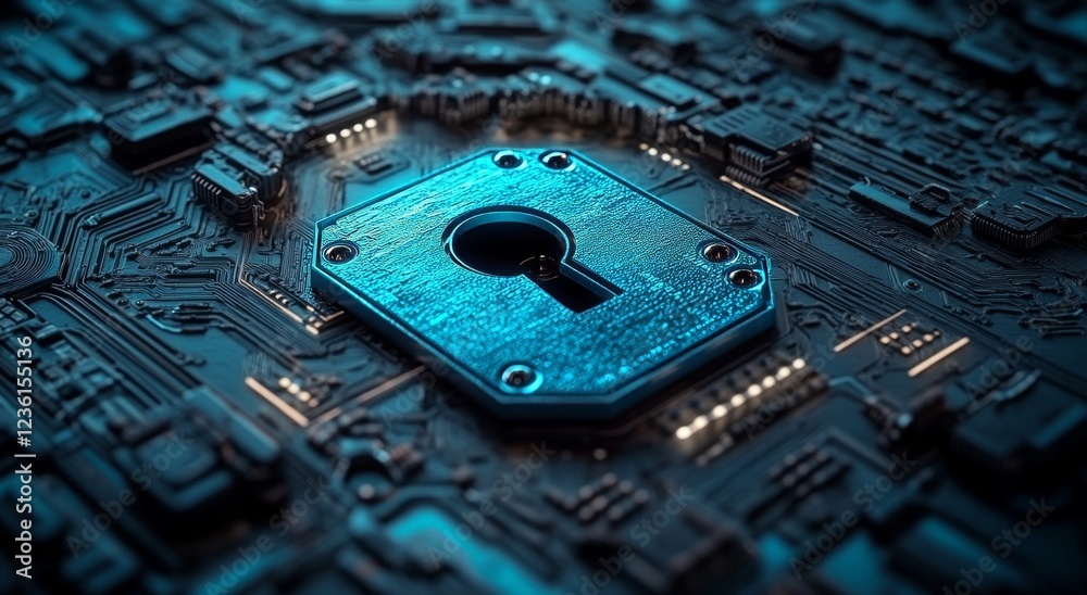 Poster a digital lock and network data are covered by a shield to denote robust security. striking light so