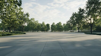 Fototapeta premium A Spacious Concrete Area Surrounded by Lush Trees under a Cloudy Sky, Perfect for Various Uses