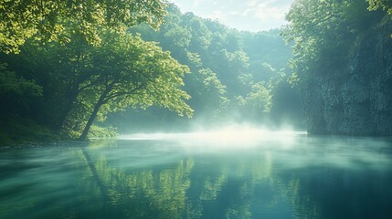 Fototapeta premium Misty morning river in lush green forest.