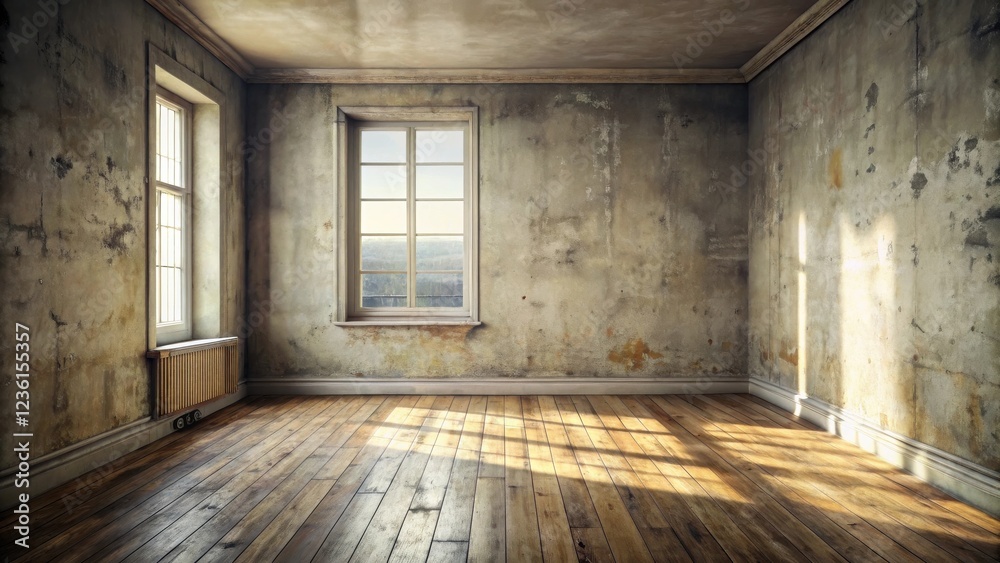 Aufkleber A Room With A View Through A Window In A Worn, Dilapidated Building With Dappled Sunlight Streaming Through The Room