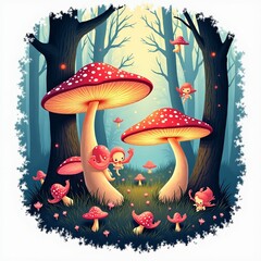A magical forest with glowing mushrooms, fairies, and enchanted creatures.
