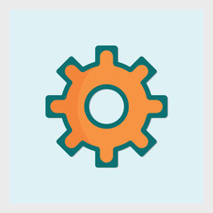 Stylized orange gear illustration with a teal outline on a light blue background