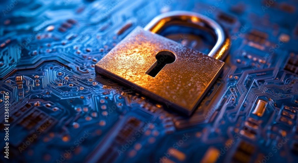 Poster the image shows a digital lock shield enveloping a network of data points to ensure robust security.