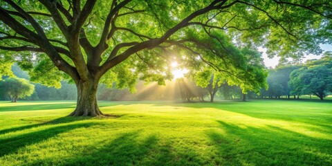 Obraz premium A Majestic Tree Stands Tall in a Sunlit Meadow, Its Canopy Casting Shadows on the Lush Green Grass