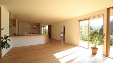 Obraz premium Modern Minimalist Kitchen and Living Room Interior with Large Windows and Natural Light