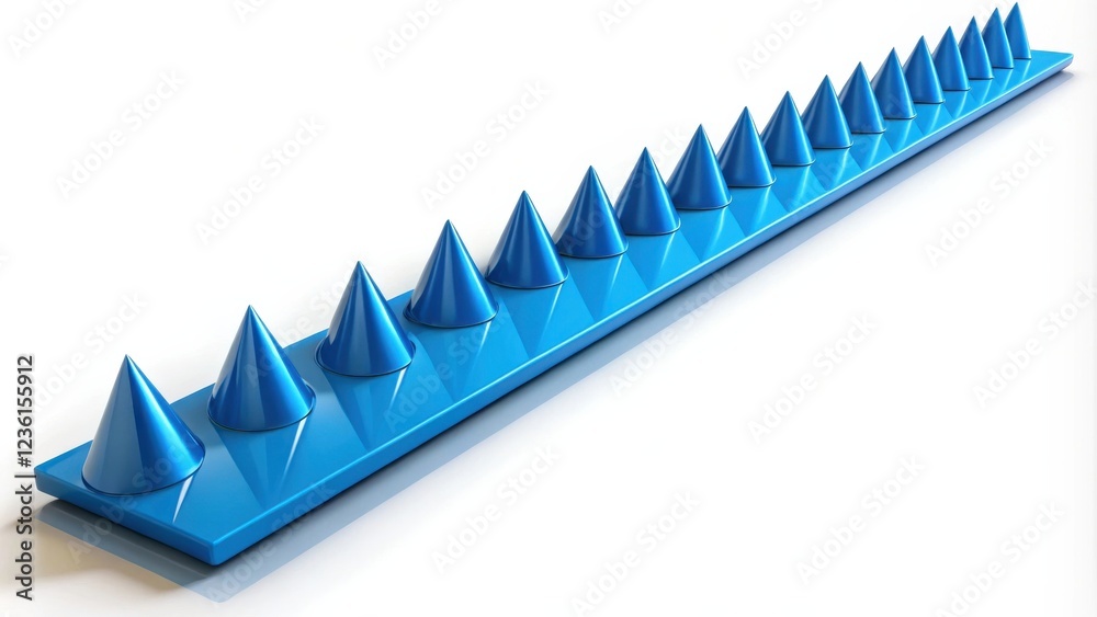 Fototapete a row of blue cones on a blue surface, each one pointing upwards, with the largest cone at the back 