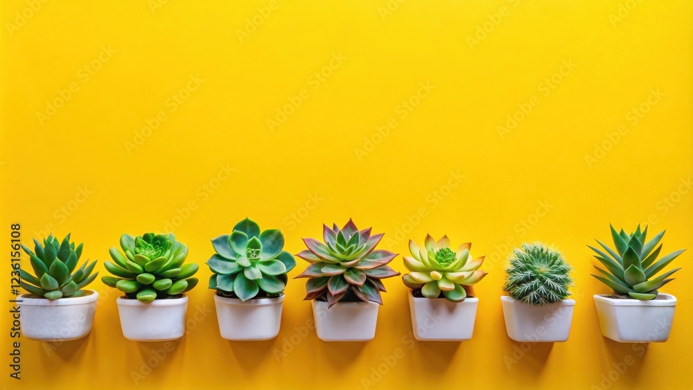 Poster Succulents arranged in a row against a bright yellow background, creating a minimalist and vibrant scene.