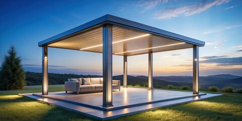 Obraz premium A Modern Outdoor Covered Patio with Lighting at Dusk Featuring a Sofa and Stunning Mountain Views