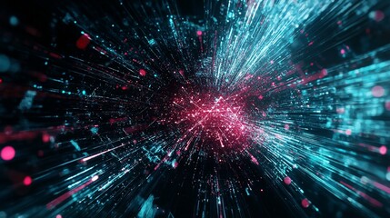 Abstract digital explosion with vibrant lines and particles emanating outwards