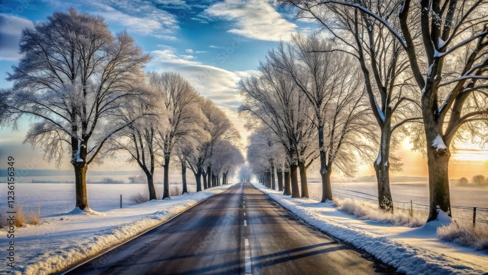 Poster a picturesque winter road lined with frost-covered trees, bathed in the golden glow of a setting sun