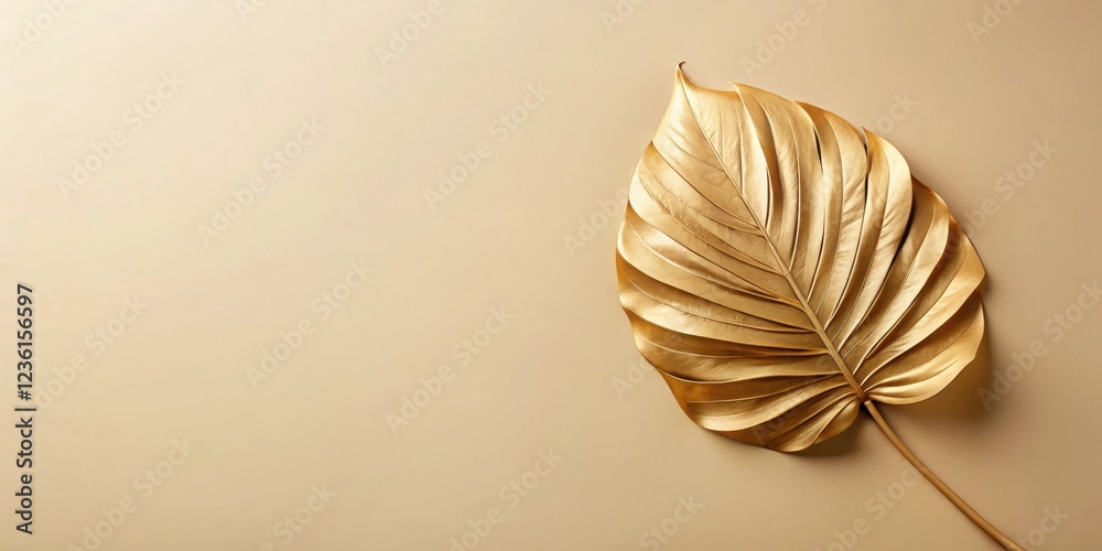 Poster A single golden leaf with intricate veins against a warm beige background, creating a minimalist and elegant composition.