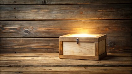 A wooden box with a metal latch sits on a weathered wooden surface against a backdrop of rustic wood planks. The box is lit from within, casting a warm glow.