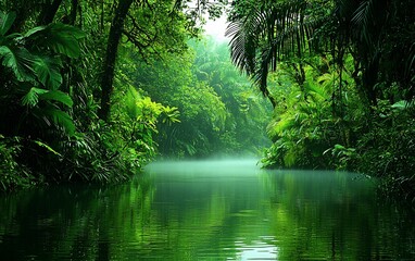 Obraz premium Serene jungle river scene with mist, lush vegetation, and calm water.