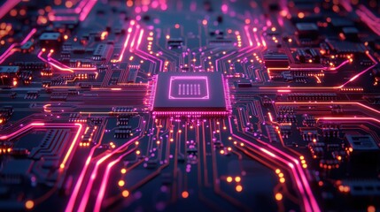 Obraz premium Glowing CPU on circuit board, data processing, technology background