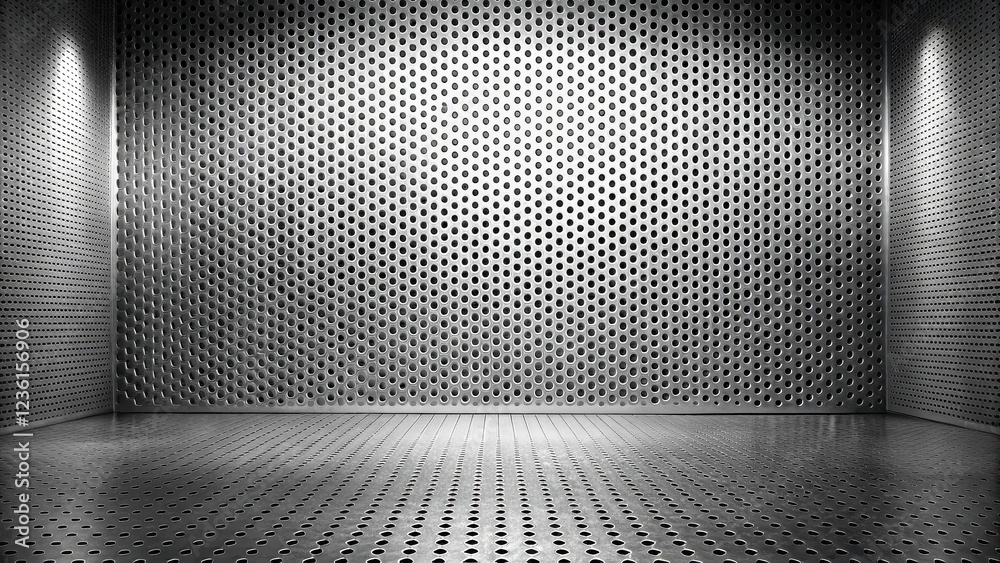 Poster a metallic room with a perforated wall and floor, illuminated by two spotlights, creating a sense of