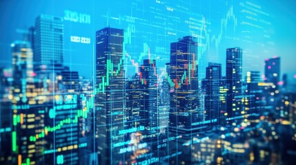 City skyline at night with stock market data overlay showcasing financial growth, investment trends, and digital technology influencing the economy.