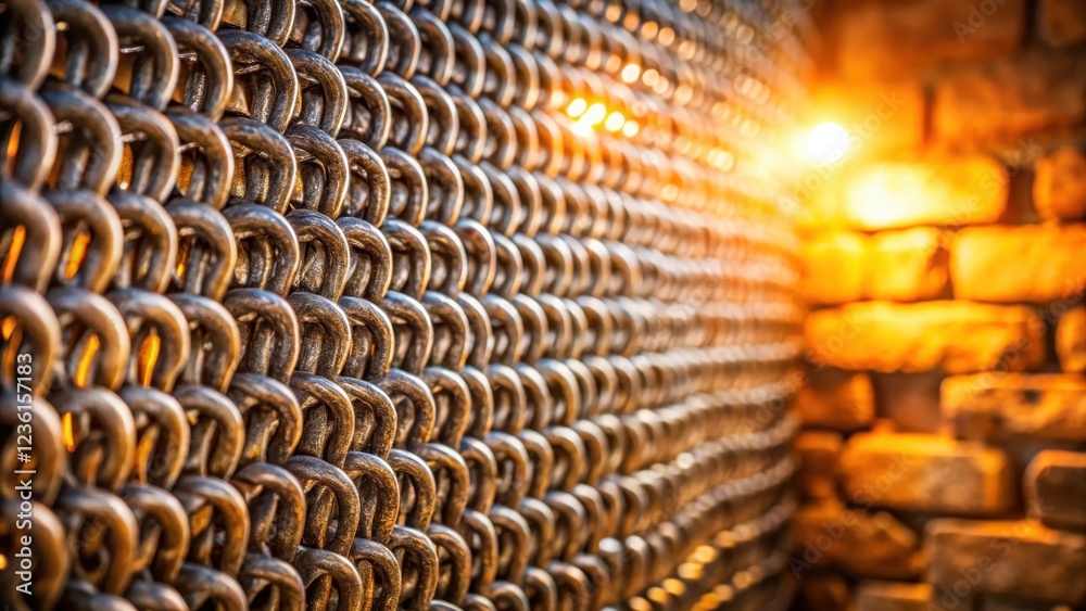 Poster A Detailed Look at the Interlocking Pattern of a Chain-Link Fence, Illuminated by the Warm Glow of an Ambient Light Source