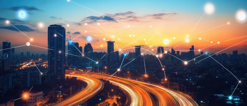 City skyline during sunset with busy highways, illuminated buildings, and digital connections symbolizing technology, urban development, and connectivity trends.