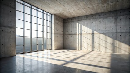 Sunlight streams through a large window in a minimalist concrete room, casting geometric shadows on the smooth floor