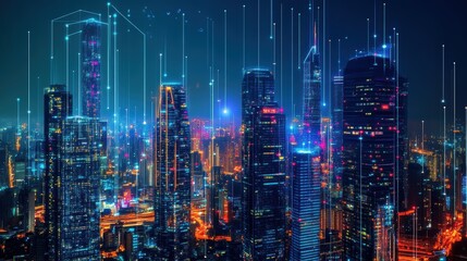 Obraz premium City skyline illuminated at night with digital data visualization for smart urban planning, technology integration, and future developments in real estate.