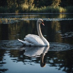 A delicate white swan with a single black feather floating on a mirror lake.