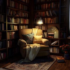 Cozy Reading Nook:  A inviting and intimate reading nook bathed in warm lamplight, featuring a plush armchair with throw pillows and a blanket.