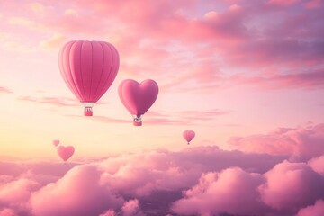 Obraz premium Pink Heart-Shaped Hot Air Balloons Soaring Above Clouds at Sunset
