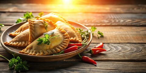 Golden Brown Pastries Served on a Wooden Plate with Chili Peppers and Parsley Garnish
