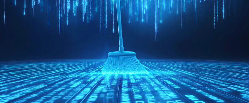 Digital broom sweeping through a glowing matrix of binary data, symbolizing the concept of data cleaning, digital transformation, and data security in a tech-focused environment.