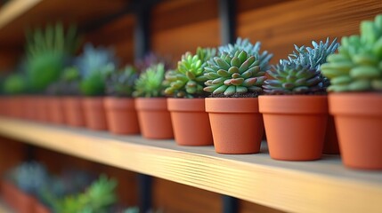 Colorful Succulents in Clay Pots on Wooden Shelves for Modern Home Decor