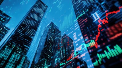 City skyline with financial data visualization overlay representing stock market trends, investment analysis, and urban development in a digital economy.