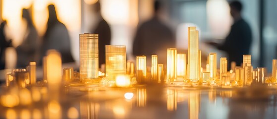 Cityscape model, architects discussing urban development and design concepts in a modern office environment. Planning, teamwork, and innovative architecture ideas.