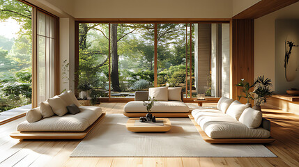 Modern minimalist living room, serene garden view, sunlight, wooden floors, interior design