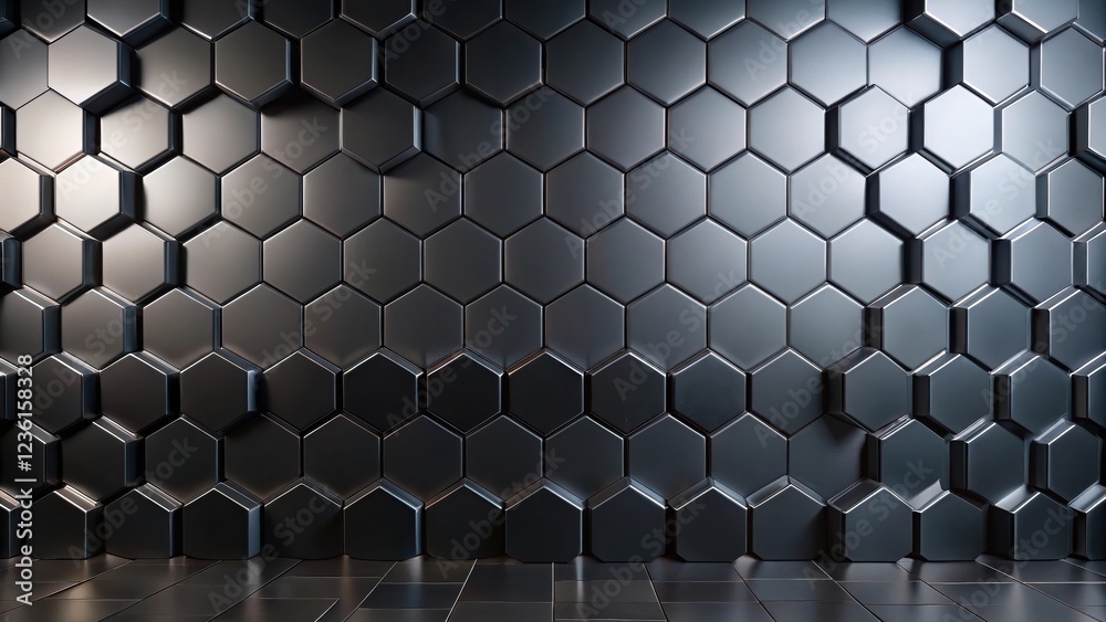 Poster A futuristic, geometric, and abstract background with a wall of black hexagonal tiles and a black tiled floor