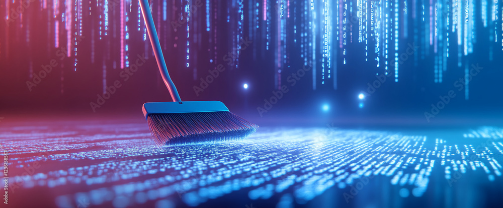 Poster Broom cleaning digital binary code data in futuristic technology scene, symbolizing data cleaning, data processing, and the digital transformation of information systems.