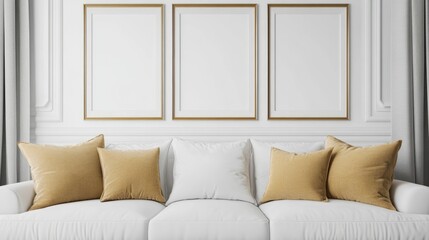 A Cozy Living Room With A White Sofa, Mustard-Colored Pillows, And Three Gold-Framed Pictures On The Wall.
