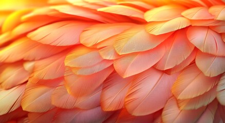 In an ethereal atmosphere, a macro feather bathed in soft orange light with a golden glow, delicate texture, warm tones, high contrast, shallow depth of field, fine details, abstract composition,