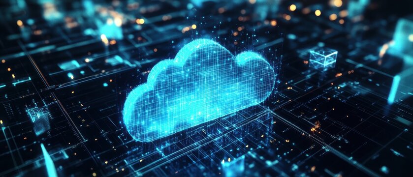 Cloud computing concept with 3D digital cloud symbol and network infrastructure, representing data storage, technology innovation, and internet solutions for businesses.
