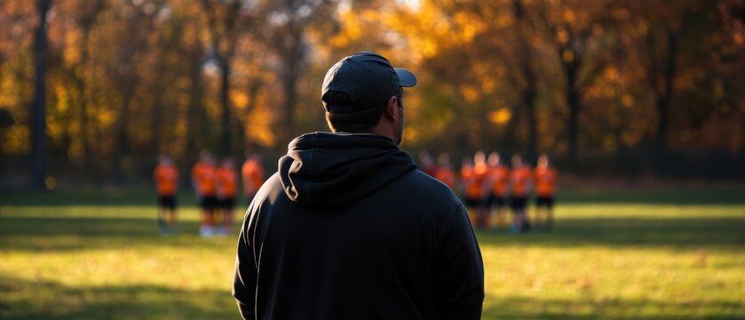 Coach observing a youth soccer training session in autumn park, focusing on teamwork, strategy development, and athletic skills on the field during practice.