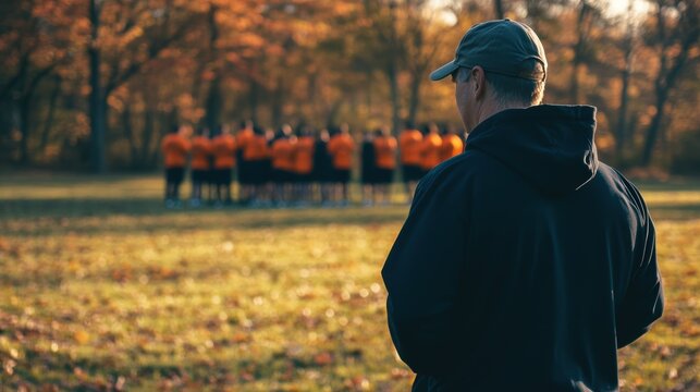 Coach observing a youth sports team practice in a fall park setting, focusing on teamwork, strategy, and athletic development for young athletes.