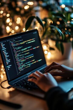 Coding session on laptop at night surrounded by plants and warm lights, showcasing software development, programming languages, and modern tech workspace.