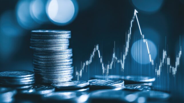 Coins, financial growth chart showing upward trends and digital analytics, investment strategies for wealth management and market forecasting in finance sector.