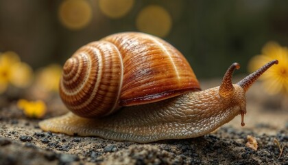 Close-up of a beautiful Achatina snail on a textured surface with flowers in the background