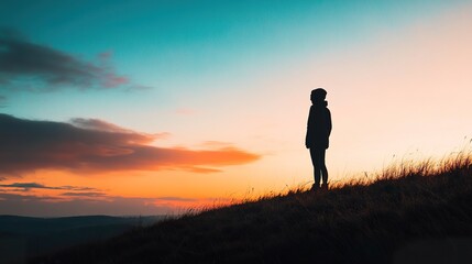 Silhouette Person Sunset Hilltop Landscape Peaceful Evening Meditation