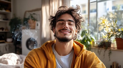 Naklejka premium Relaxed Young Man Enjoying Peaceful Moment at Home with Sunlight and Plants
