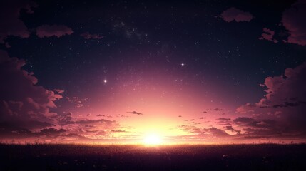 Naklejka premium Expansive Grassland Landscape at Dusk with Colorful Evening Sky