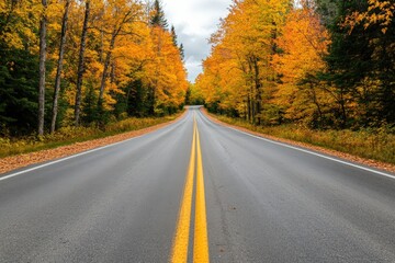 Fototapeta premium Empty road through vibrant autumn trees, ideal for travel brochure background.