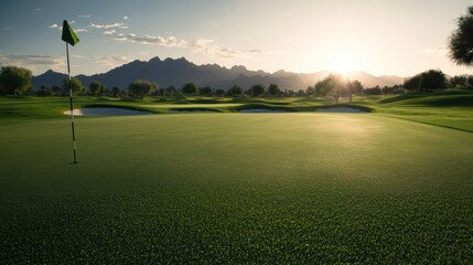 Obraz premium Serene Professional Golf Course Scene at Sunrise with Lush Greenery