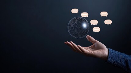 Bright and Engaging Hand Holding Globe with Chat Bubbles on Dark Background